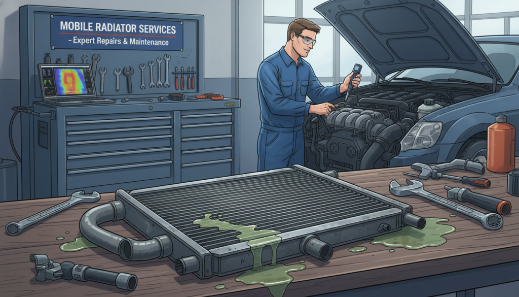 A detailed illustration focusing on the concept of radiator failure, showcasing common causes in a mechanical setting. In the foreground, a disassembled car radiator rests on a workbench, with visible corrosion, leaks, and debris highlighting potential failure points. In the middle ground, a mechanic in professional attire examines coolant levels, surrounded by tools and diagnostic equipment to reinforce the troubleshooting theme. The background features a workshop with industrial lighting, casting a soft glow, creating a focused atmosphere. Include the brand "Mobile Radiator Services" subtly on a tool or poster in the environment. The overall mood is professional and informative, emphasizing the importance of radiator maintenance while avoiding any clutter or distractions. A detailed illustration focusing on the concept of radiator failure, showcasing common causes in a mechanical setting. In the foreground, a disassembled car radiator rests on a workbench, with visible corrosion, leaks, and debris highlighting potential failure points. In the middle ground, a mechanic in professional attire examines coolant levels, surrounded by tools and diagnostic equipment to reinforce the troubleshooting theme. The background features a workshop with industrial lighting, casting a soft glow, creating a focused atmosphere. Include the brand "Mobile Radiator Services" subtly on a tool or poster in the environment. The overall mood is professional and informative, emphasizing the importance of radiator maintenance while avoiding any clutter or distractions.