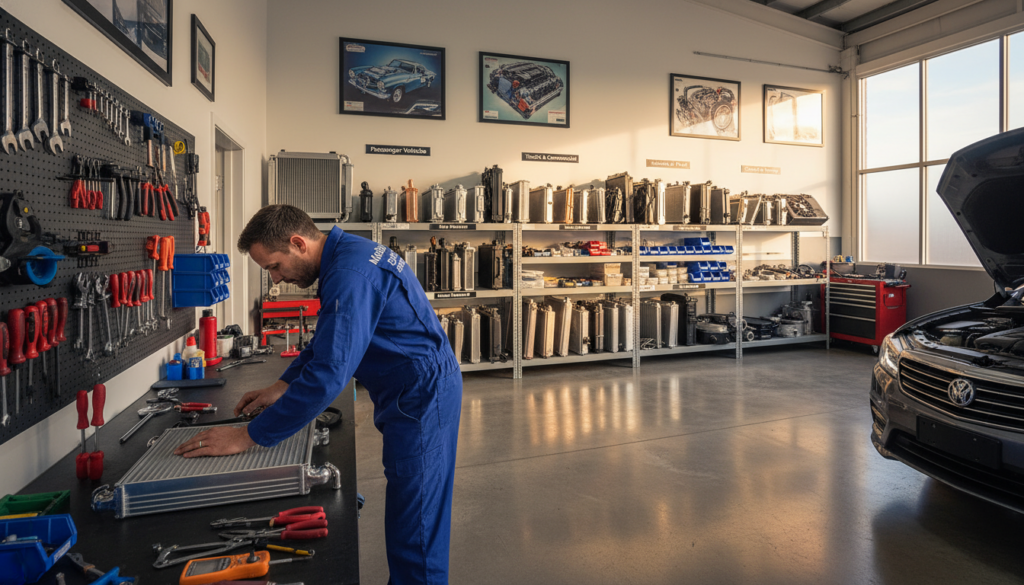 A professional radiator specialist workshop in Brisbane, featuring a clean, well-organized garage space. In the foreground, a technician in a company uniform from "Mobile Radiator Services" is working diligently on a car's radiator, tools neatly arranged on a workbench beside him. The middle ground displays various radiators and cooling system components prominently, with labels indicating different types. The background showcases automotive posters and a wall-mounted tool rack filled with tools, emphasizing a structured, professional atmosphere. Soft, natural light streams in from a large window, creating a warm and inviting environment, while the angle captures the depth of the workshop, highlighting efficiency and expertise. The mood is industrious yet approachable, underscoring the importance of qualified radiator specialists in ensuring vehicle safety. A professional radiator specialist workshop in Brisbane, featuring a clean, well-organized garage space. In the foreground, a technician in a company uniform from "Mobile Radiator Services" is working diligently on a car's radiator, tools neatly arranged on a workbench beside him. The middle ground displays various radiators and cooling system components prominently, with labels indicating different types. The background showcases automotive posters and a wall-mounted tool rack filled with tools, emphasizing a structured, professional atmosphere. Soft, natural light streams in from a large window, creating a warm and inviting environment, while the angle captures the depth of the workshop, highlighting efficiency and expertise. The mood is industrious yet approachable, underscoring the importance of qualified radiator specialists in ensuring vehicle safety.