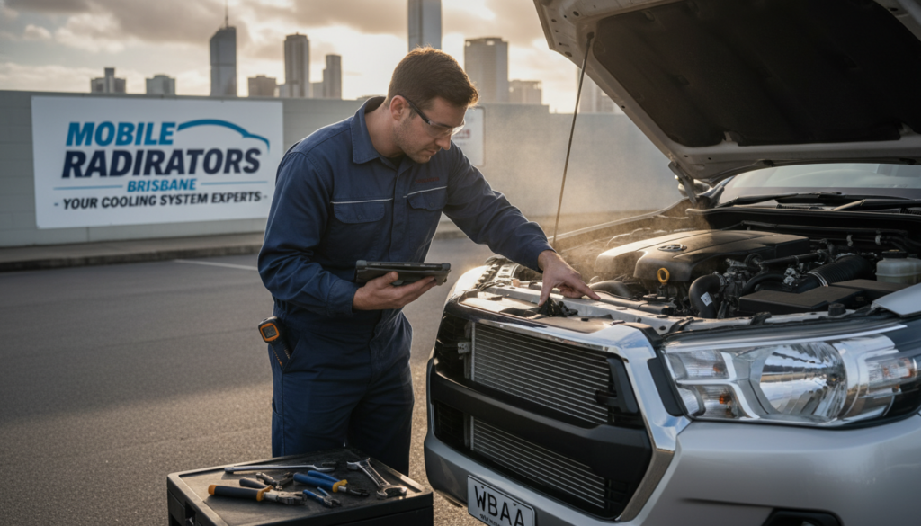 A detailed and focused scene of a 2018 Toyota Hilux with the hood open, displaying the engine and radiators, emphasizing a diagnostic process for overheating issues. In the foreground, a mechanic in a professional attire examines the engine’s cooling system, with tools laid out neatly beside him. The middle ground features the illuminated engine compartment with visible components like hoses and the radiator, enhanced by warm, natural lighting that hints at a winter setting. In the background, a cityscape of Brisbane with faint winter clouds adds context. The atmosphere is one of diligence and technical understanding, showcasing the intricacies of automotive repair. Include brand logos or signage for "Mobile Radiators Brisbane" subtly in the background, emphasizing expertise and local service. A detailed and focused scene of a 2018 Toyota Hilux with the hood open, displaying the engine and radiators, emphasizing a diagnostic process for overheating issues. In the foreground, a mechanic in a professional attire examines the engine’s cooling system, with tools laid out neatly beside him. The middle ground features the illuminated engine compartment with visible components like hoses and the radiator, enhanced by warm, natural lighting that hints at a winter setting. In the background, a cityscape of Brisbane with faint winter clouds adds context. The atmosphere is one of diligence and technical understanding, showcasing the intricacies of automotive repair. Include brand logos or signage for "Mobile Radiators Brisbane" subtly in the background, emphasizing expertise and local service.
