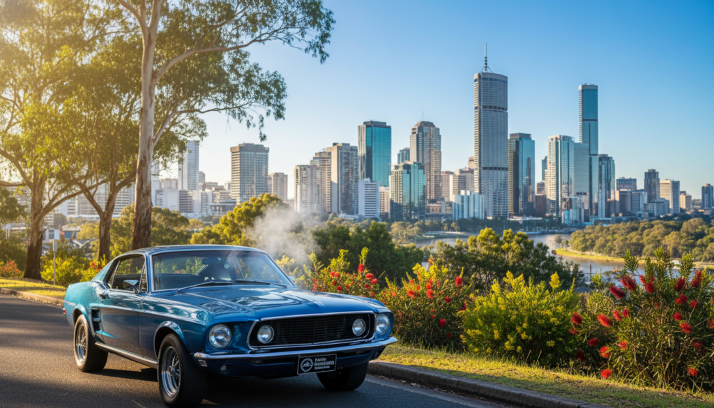 A lush, panoramic view of Brisbane in winter, showcasing a cityscape with towering skyscrapers and a clear blue sky. In the foreground, a shiny car parked, revealing a close-up of its engine hood, slightly open, with steam subtly rising, indicating overheating. The middle ground features vibrant native trees and flowering bushes surrounding the car, symbolizing the warmth of Brisbane's climate. In the background, light rays stream through the trees, casting a warm glow, creating a paradoxical contrast to the winter setting. A subtle hint of automotive elements around, like a radiator logo saying “Mobile Radiators Brisbane”. The mood is thought-provoking and slightly tense, highlighting the juxtaposition of heat against the winter season. The image is sharply focused with a slight depth of field effect, enhancing the main subject. A lush, panoramic view of Brisbane in winter, showcasing a cityscape with towering skyscrapers and a clear blue sky. In the foreground, a shiny car parked, revealing a close-up of its engine hood, slightly open, with steam subtly rising, indicating overheating. The middle ground features vibrant native trees and flowering bushes surrounding the car, symbolizing the warmth of Brisbane's climate. In the background, light rays stream through the trees, casting a warm glow, creating a paradoxical contrast to the winter setting. A subtle hint of automotive elements around, like a radiator logo saying “Mobile Radiators Brisbane”. The mood is thought-provoking and slightly tense, highlighting the juxtaposition of heat against the winter season. The image is sharply focused with a slight depth of field effect, enhancing the main subject.