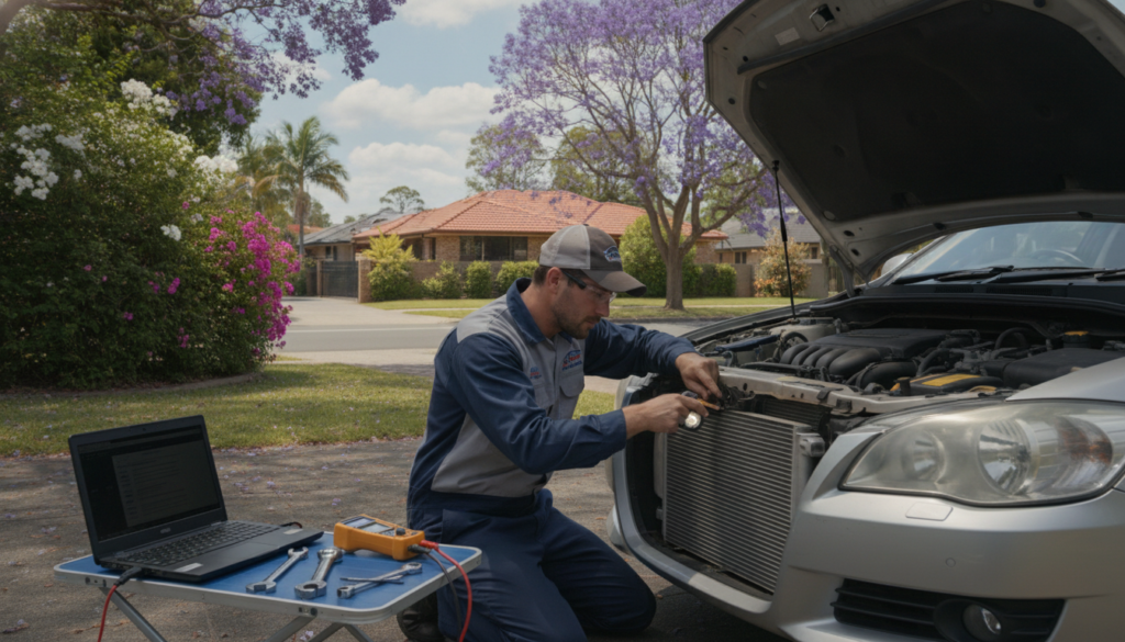 A mobile mechanic, wearing a professional uniform, inspects a vehicle's radiator in a sunny Brisbane spring setting. In the foreground, tools and diagnostic equipment are neatly arranged on a workbench beside the car. The mechanic, focused and attentive, examines the cooling system components with a flashlight, highlighting the intricate details of the radiator. In the middle ground, vibrant green trees and blossoming flowers represent the spring season, while a clear sky with soft clouds provides a welcoming atmosphere. The background features a typical Brisbane residential street, adding context to the scene. The lighting is bright and natural, emphasizing the cheerful mood of the spring day, capturing the importance of vehicle maintenance in warmer weather. A mobile mechanic, wearing a professional uniform, inspects a vehicle's radiator in a sunny Brisbane spring setting. In the foreground, tools and diagnostic equipment are neatly arranged on a workbench beside the car. The mechanic, focused and attentive, examines the cooling system components with a flashlight, highlighting the intricate details of the radiator. In the middle ground, vibrant green trees and blossoming flowers represent the spring season, while a clear sky with soft clouds provides a welcoming atmosphere. The background features a typical Brisbane residential street, adding context to the scene. The lighting is bright and natural, emphasizing the cheerful mood of the spring day, capturing the importance of vehicle maintenance in warmer weather.