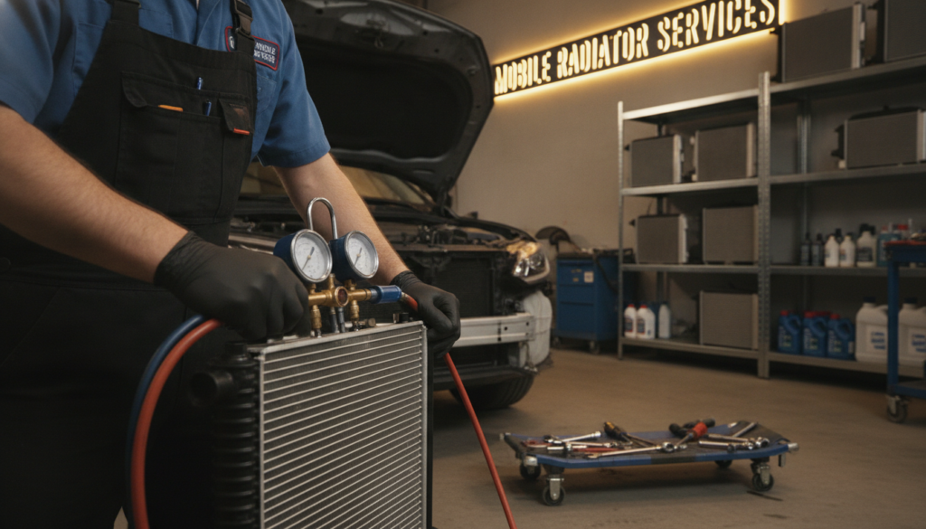 A professional mechanic wearing a blue shirt and black overalls is meticulously checking a car radiator in a well-lit garage. The foreground features a close-up of the mechanic's hands using a diagnostic tool to inspect the radiator for leaks or clogs. The middle ground showcases a partially disassembled car, with various tools scattered around, indicating an active repair process. In the background, shelves stocked with automotive supplies and radiators create an organized yet bustling service environment, enhanced by warm overhead lighting that adds depth. The overall atmosphere conveys professionalism and urgency, emphasizing the importance of vehicle maintenance before the spring season. Incorporate the brand name "Mobile Radiator Services" subtly in the garage background.